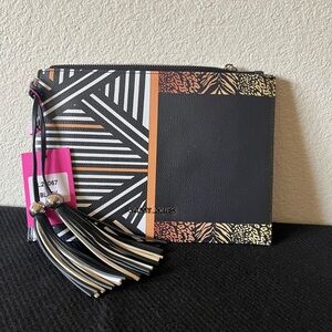 Sassy Jones Black Orange Accent Geometric Wristlet Clutch new